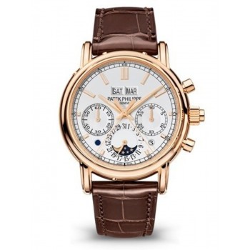 Réplique Montre pour homme Patek Philippe Grand Complications cadran argenté cuir marron 5204R-001