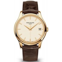 Réplique Montre pour homme Patek Philippe Calatrava avec cadran ivoire et bracelet en cuir marron 5227J-001