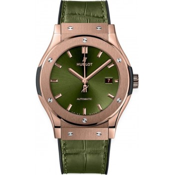 Réplique Montre Hublot Classic Fusion automatique avec cadran vert et bracelet en cuir vert pour homme 542.OX.8980.LR