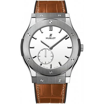 Réplique Montre Hublot Classic Fusion ultra fine avec cadran blanc et bracelet en cuir marron pour homme 545.NX.2210.LR