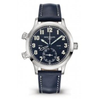 Réplique Patek Philippe Calatrava Pilot Travel Time Montre unisexe avec cadran bleu et bracelet en cuir 7234G-001