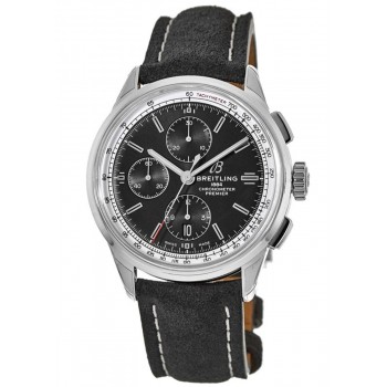 Réplique Montre Breitling Premier Chronograph 42 avec cadran noir et bracelet en cuir nubuck noir pour homme A13315351B1X1