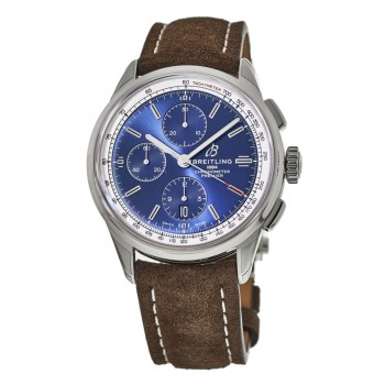 Réplique Montre Breitling Premier Chronograph 42 avec cadran bleu et bracelet en cuir marron pour homme A13315351C1X1