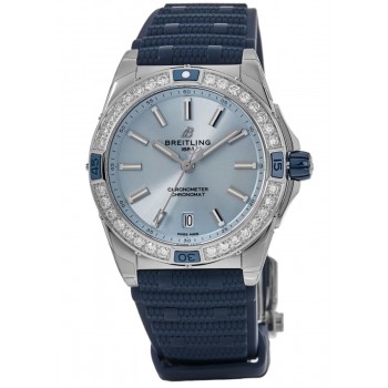 Réplique Montre Breitling Super Chronomat Automatique 38 Cadran Bleu Clair Bracelet En Caoutchouc Diamant Pour Femme A17356531C1S1