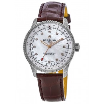 Réplique Montre Breitling Navitimer Automatic 35 Pearl avec cadran diamant et bracelet en cuir pour femme A17395211A1P1