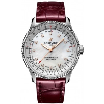 Réplique Breitling Navitimer Automatique 35 Cadran en nacre et diamant Bracelet en cuir bordeaux Montre pour femme A17395211A1P2