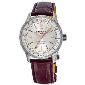 Réplique Montre Breitling Navitimer Automatic 35 avec cadran argenté et bracelet en cuir bordeaux pour femme A17395F41G1P2