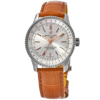 Réplique Montre Breitling Navitimer Automatic 35 avec cadran argenté et bracelet en cuir marron pour femme A17395F41G1P4