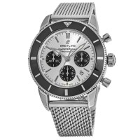 Réplique Breitling Superocean Heritage II Chronographe 44 Noir &amp; Montre pour homme avec cadran argenté et bracelet en maille d'acier AB0162121G1A1