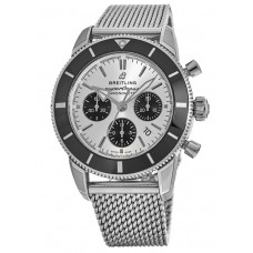 Réplique Breitling Superocean Heritage II Chronographe 44 Noir &amp; Montre pour homme avec cadran argenté et bracelet en maille d'acier AB0162121G1A1