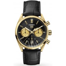 Réplique Montre pour homme Tag Heuer Carrera chronographe cadran noir bracelet en cuir or jaune CBN2044.FC8313