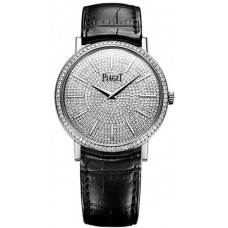 Réplique Piaget Altiplano Montre unisexe en or blanc avec cadran serti de diamants et bracelet en cuir noir G0A36128