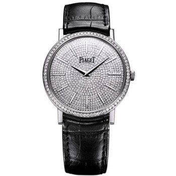 Réplique Piaget Altiplano Montre unisexe en or blanc avec cadran serti de diamants et bracelet en cuir noir G0A36128