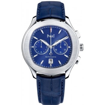 Réplique Montre Piaget Polo S pour homme avec cadran chronographe bleu et bracelet en cuir G0A43002