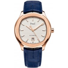 Réplique Montre Piaget Polo pour homme, cadran blanc, bracelet en cuir or rose, G0A43010