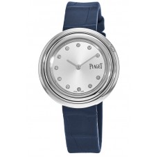 Réplique Montre Piaget Possession 29 mm avec cadran diamant argenté et bracelet en cuir bleu pour femme G0A43080