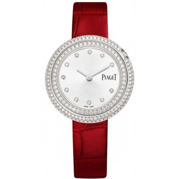 Réplique Montre Piaget Possession avec cadran diamant argenté et bracelet en cuir bordeaux pour femme G0A43095