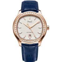 Réplique Montre Piaget Polo pour femme, cadran blanc, diamant, bracelet en cuir or rose, G0A44010