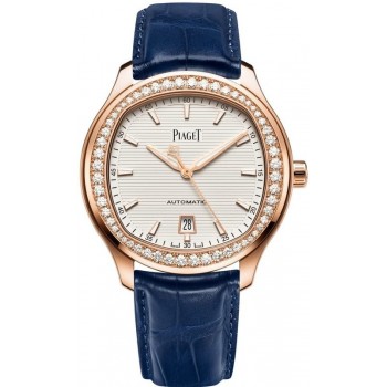 Réplique Montre Piaget Polo pour femme, cadran blanc, diamant, bracelet en cuir or rose, G0A44010