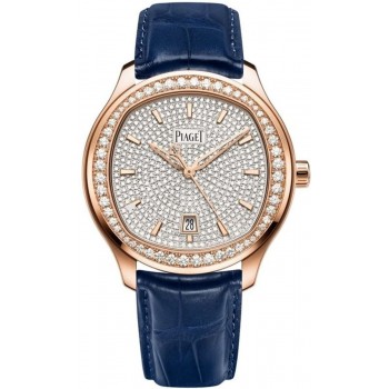 Réplique Montre Piaget Polo pour femme avec cadran diamant et bracelet en cuir or rose G0A44011