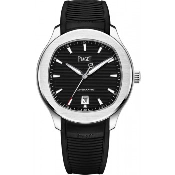 Réplique Montre Piaget Polo Date pour homme avec cadran noir et bracelet en caoutchouc G0A47014