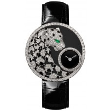 Réplique Montre Cartier Joaillere Panthere avec cadran noir et bracelet en cuir diamant pour femme HPI01294