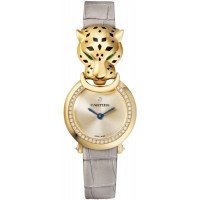 Réplique Montre Cartier Panthere Allongee petit cadran doré bracelet en cuir or jaune pour femme HPI01297