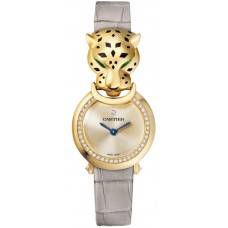 Réplique Montre Cartier Panthere Allongee petit cadran doré bracelet en cuir or jaune pour femme HPI01297