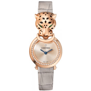 Réplique Montre Cartier Panthere Allongee petit cadran rose bracelet en cuir or rose pour femme HPI01379