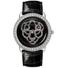 Réplique Montre Cartier Revelation Dune Panthere Cadran noir moyen bracelet en cuir diamant or blanc pour femme HPI01430