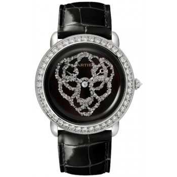 Réplique Montre Cartier Revelation Dune Panthere Cadran noir moyen bracelet en cuir diamant or blanc pour femme HPI01430