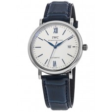 Réplique Montre IWC Portofino automatique avec cadran argenté et bracelet en cuir pour homme IW356527