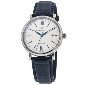 Réplique Montre IWC Portofino automatique avec cadran argenté et bracelet en cuir pour homme IW356527