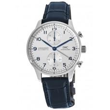 Réplique Montre IWC Portugieser chronographe automatique cadran argenté bracelet en cuir bleu pour homme IW371605