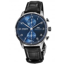 Réplique Montre IWC Portugieser chronographe automatique cadran bleu bracelet en cuir pour homme IW371606