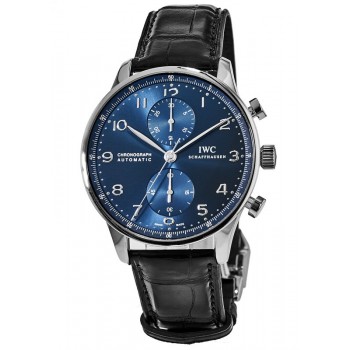 Réplique Montre IWC Portugieser chronographe automatique cadran bleu bracelet en cuir pour homme IW371606