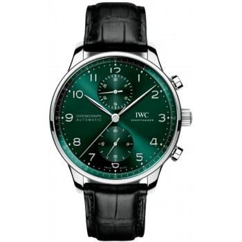 Réplique Montre IWC Portugieser chronographe automatique cadran vert bracelet en cuir pour homme IW371615