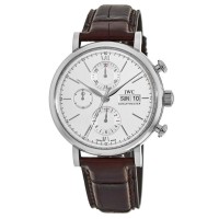 Réplique Montre IWC Portofino chronographe cadran argenté bracelet en cuir marron pour homme IW391027