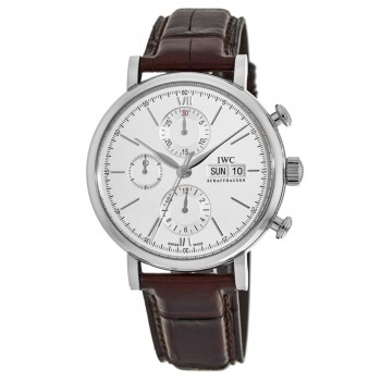 Réplique Montre IWC Portofino chronographe cadran argenté bracelet en cuir marron pour homme IW391027