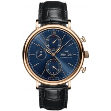 Réplique Montre IWC Portofino chronographe cadran bleu bracelet en cuir noir pour homme IW391035