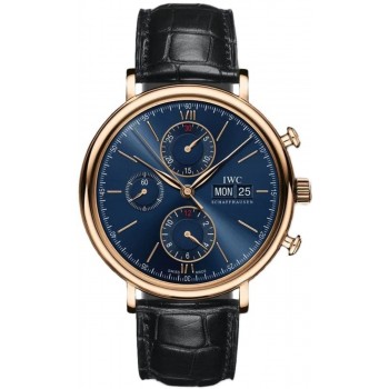 Réplique Montre IWC Portofino chronographe cadran bleu bracelet en cuir noir pour homme IW391035