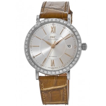 Réplique IWC Portofino Automatique Argent Cadran Diamant Original avec Lunette Diamant Personnalisée Montre Femme IW458101-CD