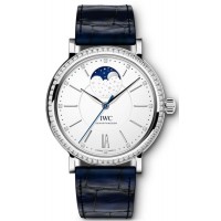 Réplique Montre IWC Portofino automatique Moon Phase 37 cadran argenté bracelet en cuir bleu pour femme IW459008