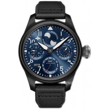 Réplique Montre pour homme IWC Big Pilot's Perpetual Calendar Edition Rodeo Drive avec cadran bleu et bracelet en cuir noir IW503001