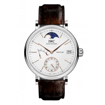 Réplique Montre IWC Portofino à remontage manuel avec phases de lune et cadran argenté, bracelet en cuir marron pour homme IW516401