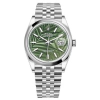 Réplique Montre pour femme Rolex Datejust 36 en acier inoxydable avec cadran vert olive et motif palmier M126200-0019