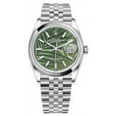 Réplique Montre pour femme Rolex Datejust 36 en acier inoxydable avec cadran vert olive et motif palmier M126200-0019