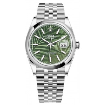 Réplique Montre pour femme Rolex Datejust 36 en acier inoxydable avec cadran vert olive et motif palmier M126200-0019