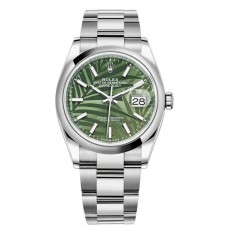 Réplique Montre pour femme Rolex Datejust 36 en acier inoxydable avec cadran vert olive et motif palmier M126200-0020