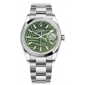 Réplique Montre pour femme Rolex Datejust 36 en acier inoxydable avec cadran vert olive et motif palmier M126200-0020